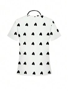 cimmuovere Valentine's Day Heart Print V-Neck Dual Pocket Short Sleeve Breathable Top + Dual Pocket Elastic Waist Loose Solid Color Casual Pants, Scrub Uniforms Nurse Scrub Uniforms Workwear Dentist Healthcare Pet Hospital Laboratory Set - Black and White - View 6