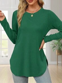 Women's Solid Color Crew Neck Shirt With Side Split Long Sleeve Casual Basic Top - 綠色 - 查看 3
