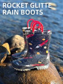 兒童火箭圖案戶外防水防滑閃亮PVC雨靴，雙耳設計方便攜帶，耐磨、舒適、柔軟、輕量級，適用於全季節