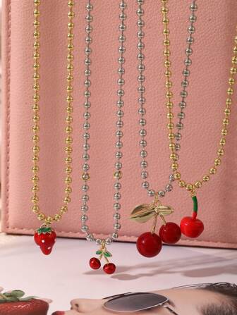 1 pieza Collar de cuentas con colgante en forma de cereza, fresa y cereza de cobre con zirconio, estilo Y2K creativo, elegante y fresco, adecuado como regalo de joyería para damas, hermana, para usar en fiestas, citas y días festivos