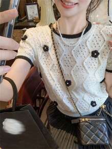 Áo dệt kim phong cách đường phố thanh lịch Hàn Quốc, áo thun ngắn tay phối màu hoa 3D ngọt ngào với thiết kế họa tiết, phù hợp cho mùa tựu trường, mẫu áo mới mùa hè, phong cách thường ngày. - Màu be - Xem 5