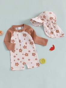 Toddler Girls Rash Guard Swimsuit With Hat 2 Pcs Set Flower Pattern Zip Up Long Sleeve Crew Neck Baby Girls Swimwears - Khaki - View 3