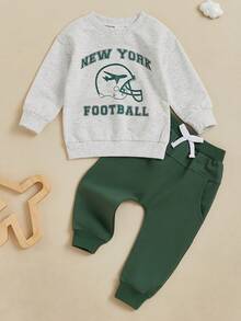 Toddler Boy Fall Clothes Letter Print Long Sleeve Sweatshirt With Solid Color Pants 2Pcs Outfits - Light Grey - View 4