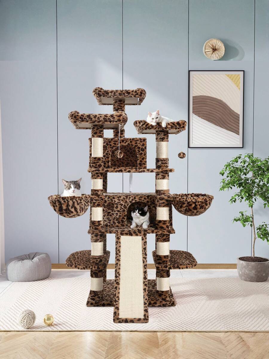 Allewie 68 Inches Multi-Level Cat Tree House With Condo, Sisal Scratching Posts, Cozy Plush Cat Perches, Hammocks, And Play Balls - Smokey Grey, Light Grey, Pink, Leopard Print – Large Cat Tower Activity Center For Indoor Cats And Kittens - Árbol Para Gatos Grandes Con Casa, Rascadores De Sisal, Perchas Acolchadas, Hamacas Y Juguetes Para Gatos De Interior * Bed Frame Queen Queen Bed Frame Bed Frame Full Full Size Bed Frame King Size Bed Frame Twin Bed Frame Room Decor Home Decor Christmas Decor Bedroom Decor Valentine Day Decor Storage Living Room Decor Furniture House Decor - Họa tiết da báo - Xem 1