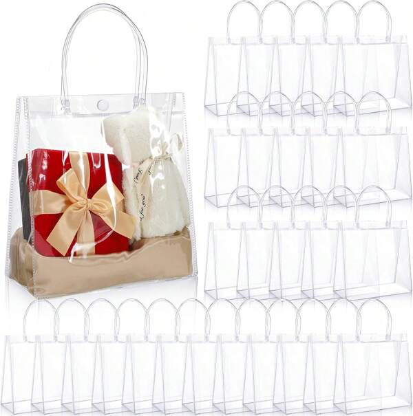 25 Pack 8"X3.1"X8" Clear Gift Bags, Square Transparent Gift Bags With Handles, Waterproof PVC Shopping Bags For Perfume, Bakery, Presents, Birthday Party Favor