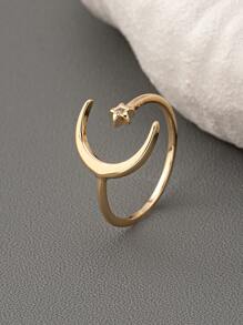 1 pieza Anillo ajustable de color dorado con diseño de estrella y luna de cobre con circonita para mujeres