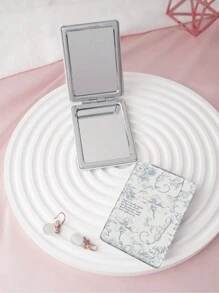1pc Retro Floral Inspirational Quote Series Compact Folding Makeup Mirror, Ultra-Thin Portable Hand Mirror, PU Leather Case, Stainless Steel Metal, Vacuum Plating, Suitable For All Occasions And People, Foldable Square Shape For Carrying Convenience