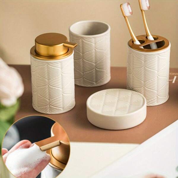 4 pièces Set d'accessoires de salle de bain en céramique - Comprend un distributeur de savon, un gobelet pour bain de bouche, un porte-brosse à dents et un plat - Éléments essentiels de décoration moderne pour la maison, Produit, Accessoires de salle de bain