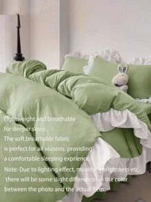 3-Piece Mint Green Ruffled Soft & Comfortable Bedding Set, Suitable For Bedroom, Guest Room - Pastel Green - View 7