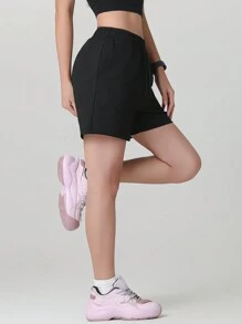 Quần short nữ mùa hè, màu trơn, có túi, kiểu dáng thường ngày, đa năng cho mặc hàng ngày, đi bộ đường dài, chạy bộ, đạp xe. Màu đen. - màu đen - Xem 4