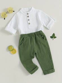 Toddler Boys Cotton Linen Outfits Buttons Short Sleeve Shirts And Elastic Waist Long Pants 2Pcs Clothes Set - 綠色 - 查看 2