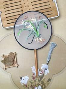 1 Stück vintage Handventilator, chinesischer runder Fächer mit Seide-Stickerei, Kranich-Blumen Heim- und Raumdekoration, Tanzfächer mit Quasten, Party-Requisiten, Weihnachts-, Valentinstags- und Neujahrgeschenk