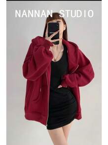Blusa Moletom Feminina Flanelada Fechamento Em Zíper Casual - Vinho - Visão 1