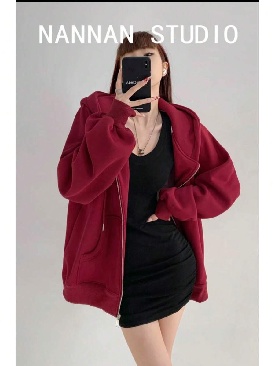 Blusa Moletom Feminina Flanelada Fechamento Em Zíper Casual - Vinho - Visão 1