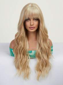 高品质 24 英寸长金色卷发合成耐热纤维假发带刘海女士假发非常适合节日派对日常佩戴 - 金色 - 查看 3