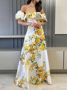 女装夏季优雅水果印花单肩弹力蕾丝泡泡袖派对精致轻熟风气质修身淑女法式复古节日风印花优雅情人节礼物毕业季节日女装连衣裙长裙 - 彩色 - 查看 3