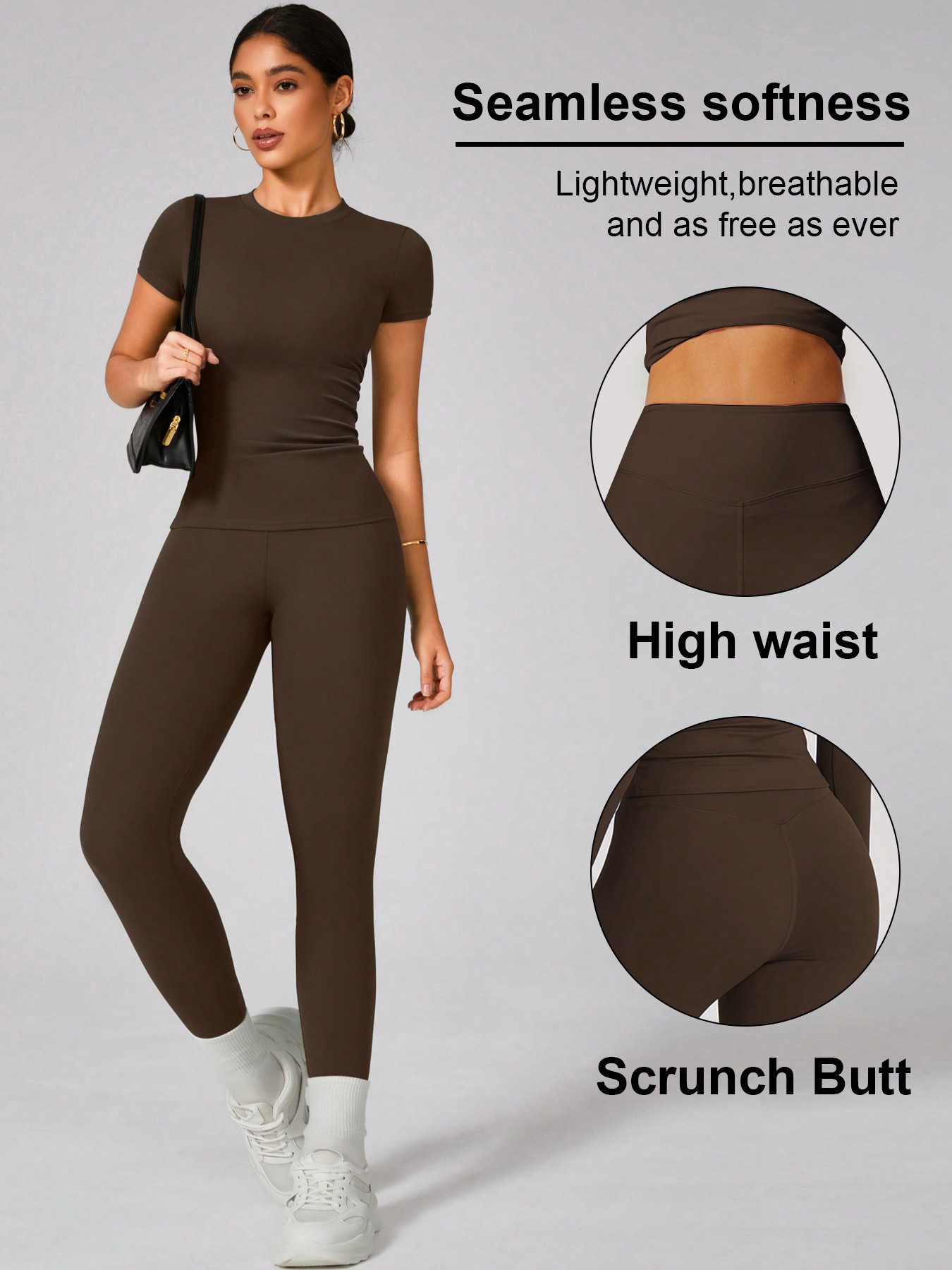 2pcs Soft Moisture Wicking Crew Neck Short Sleeve Top And Elastic Yoga Sports Pants