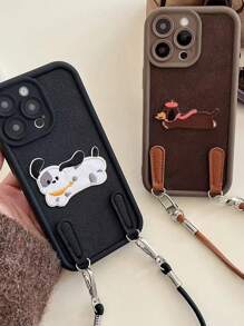 New Fun And Cute Embroidery Dachshund Puppy Phone Case Compatible With Apple 11/12/13/14/15/16PRO/PROMAX Personalized Creative Handheld Chain All-Inclusive Lens Drop-Proof Phone Case Protective Cover - Brown - View 3