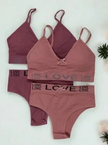 Sexy Sports Set With Top And Panties In Microfiber Fabric, Beautiful Love Letter Design And Bow Appliqué In The Center, Various Colors, Fresh And Comfortable, Premium Quality. - 珊瑚粉 - 查看 1