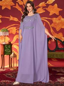 Women's Solid Color Sequin Decor Belted Abaya, Round Neck Elegant Dress Spring - Mauve Purple - View 8