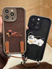 New Fun And Cute Embroidery Dachshund Puppy Phone Case Compatible With Apple 11/12/13/14/15/16PRO/PROMAX Personalized Creative Handheld Chain All-Inclusive Lens Drop-Proof Phone Case Protective Cover - Brown - View 4