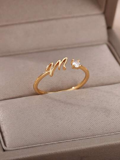1Pc Minimalist Initial Open Ring Cubic Zirconia Alphabet Letter Rings Fashionable Jewelry Accessories(No Gift Box)