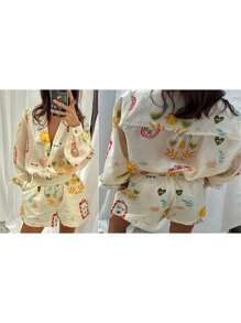 Women's 2 Piece Club Outfits Long Sleeve V Neck Pattern Print Button Up Tops Wide Leg Shorts Sets