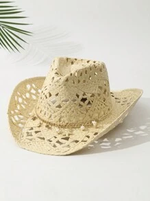1pcs Unisex Conch Decor Cowboy Hat Hollow Printed Cowgirl Hat Casual Sun Hat Spring Summer Travel Shade Beach Hat Straw Hat - 米色 - 查看 1