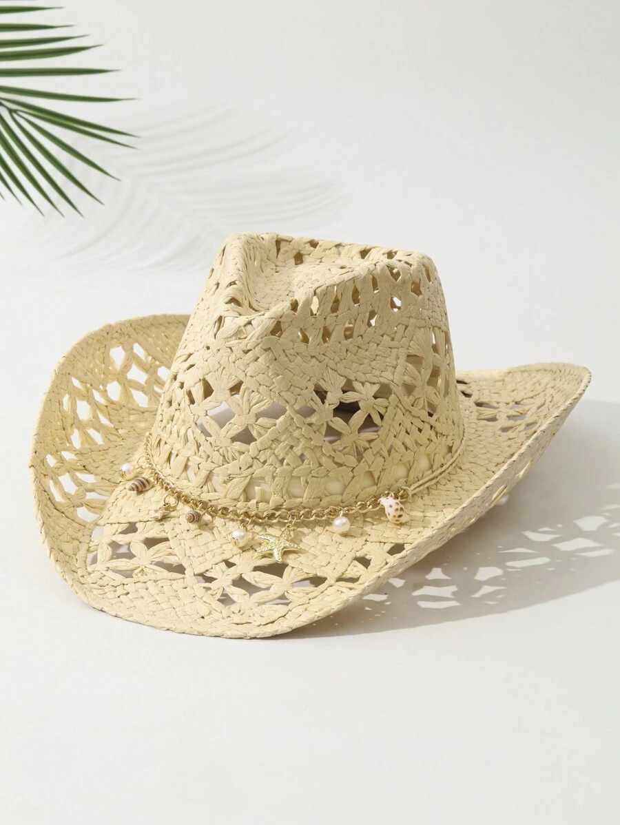 1pcs Unisex Conch Decor Cowboy Hat Hollow Printed Cowgirl Hat Casual Sun Hat Spring Summer Travel Shade Beach Hat Straw Hat - 米色 - 查看 1