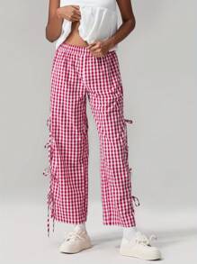 Women Y2K Wide Leg Gingham Pants Elastic High Waist Side Tie Loose Fit Plaid Trouser Lounge Pants