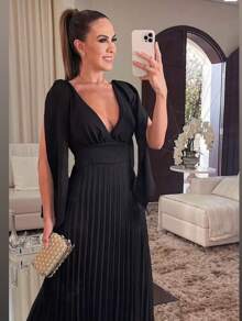 Long Pleated Party Dress - Negro - Ver 2