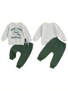 Toddler Boy Fall Clothes Letter Print Long Sleeve Sweatshirt With Solid Color Pants 2Pcs Outfits - Light Grey - View 2