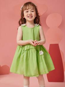 Young Girls' Sleeveless A-Line Dress With Floral Embellishment, Breathable & Moisture-Wicking, Summer - Green - View 5
