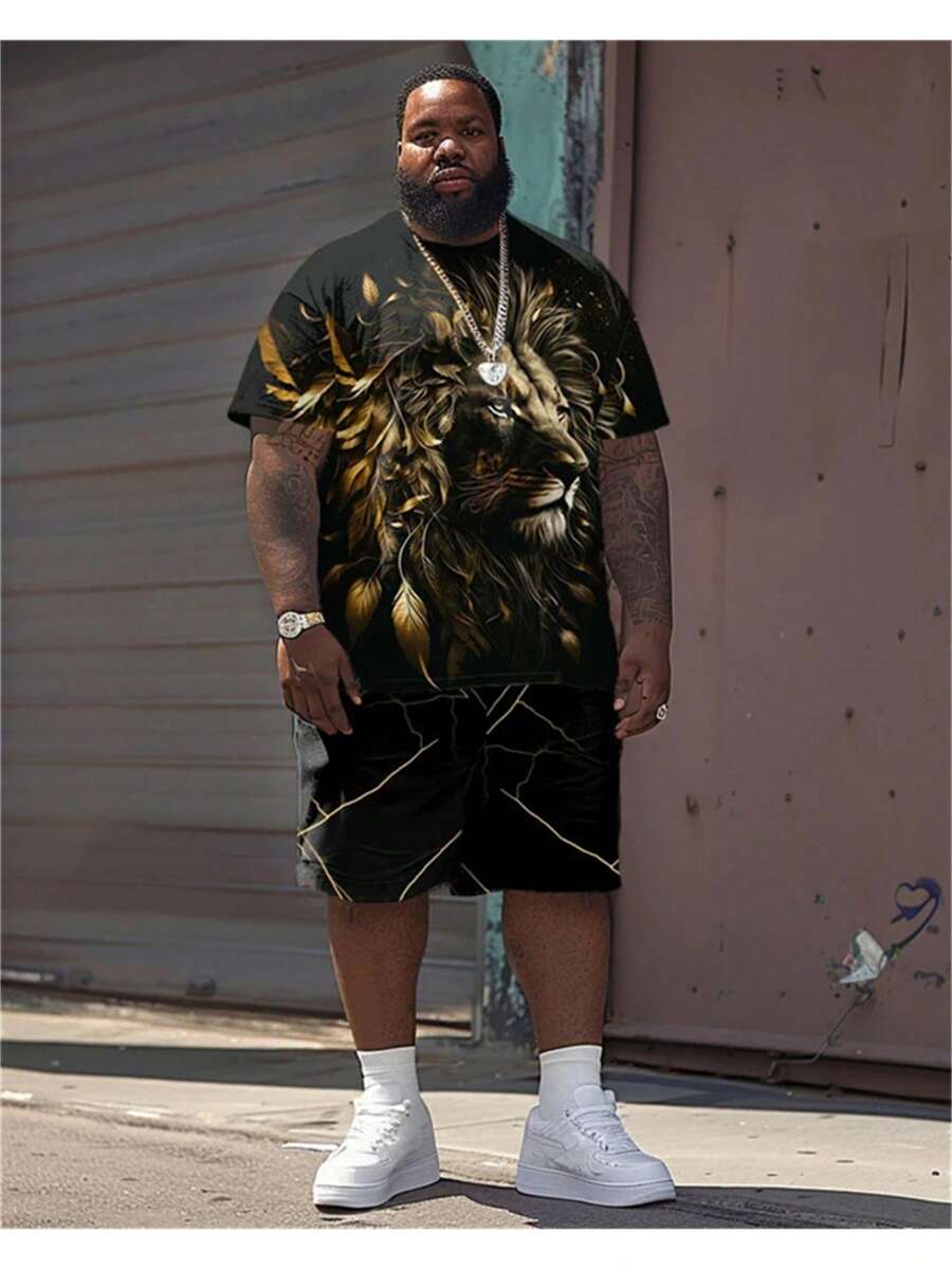 1 Set Plus Size Men's Digital Print Round Neck Short Sleeve T-Shirt And Shorts Set, Casual Sportswear Style - Black - View 1