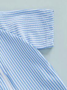 Baby Boy Basic Swimsuit Toddler Short Sleeve Front Zipper Bathing Suit Infant Boy Striped Rush Guard Swimwear With Sun Protection Swim Hat - Blue - View 5