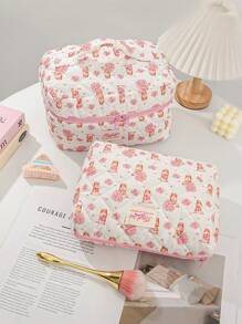 1 pieza Bolsa de maquillaje con diseño de ramo de rosas de oso, gran capacidad con cierre de cremallera, bolsa de cosméticos esencial para viajes y vacaciones para almacenar toallas sanitarias, almohadillas, auriculares con cable, , auriculares, cargador, lápices labiales, cosméticos, perfume, productos de cuidado de la piel y belleza, decoración del hogar, para mamá, mujeres, enfermeras, estudiantes, niñas de escuela, llaves, regalos navideños - Multicolor - Ver 3