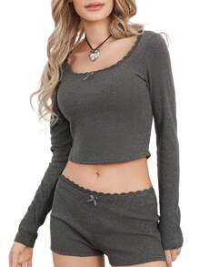 Womens Two Piece Pajamas Long Sleeve Lace Trim Crop Tops And Shorts Set Loungewear - Dark Grey - View 1