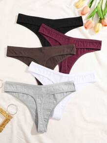 5 pièces Culottes tanga simples de couleur unie avec design en forme de V à la taille pour femmes, sous-vêtements pour dames - Multicolore - Voir 2