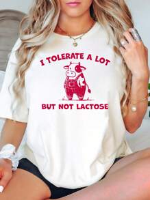 Estilo oversize para mujer, tolero mucho pero no la lactosa, camiseta divertida, camiseta con meme de vaca linda, camiseta con humor vintage Y2K, camiseta gráfica unisex intolerante a la lactosa, camiseta de tipo holgado para mujer, perfecta para fiestas festivas o como regalo, suave y cómoda - Blanco - Ver 1
