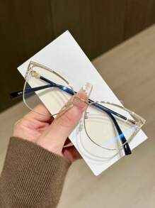 1 Stück Damen Metall Katzenaugen Brille mit Strass, einzigartiges Design, funkelnde Ästhetik, blaulichtfilternd - Transparent - Übersicht 6