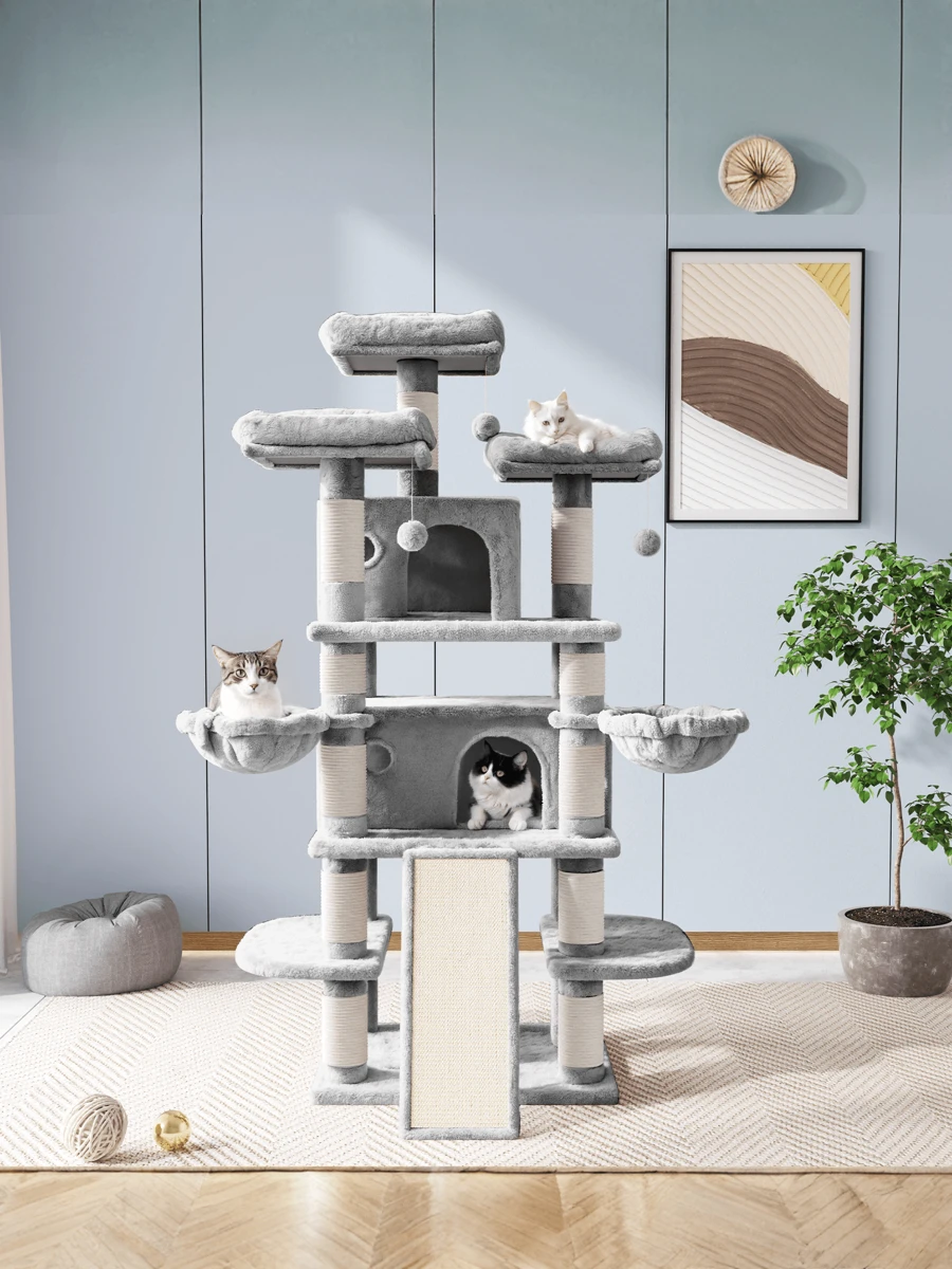 Allewie 68 Inches Multi-Level Cat Tree House With Condo, Sisal Scratching Posts, Cozy Plush Cat Perches, Hammocks, And Play Balls - Smokey Grey, Light Grey, Pink, Leopard Print – Large Cat Tower Activity Center For Indoor Cats And Kittens - Árbol Para Gatos Grandes Con Casa, Rascadores De Sisal, Perchas Acolchadas, Hamacas Y Juguetes Para Gatos De Interior * Bed Frame Queen Queen Bed Frame Bed Frame Full Full Size Bed Frame King Size Bed Frame Twin Bed Frame Room Decor Home Decor Christmas Decor Bedroom Decor Valentine Day Decor Storage Living Room Decor Furniture House Decor - Xám - Xem 1