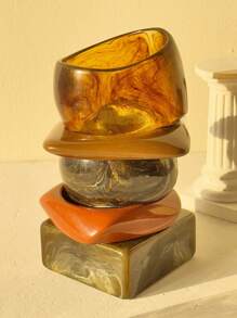 1 件复古不对称几何棕色扎染树脂手链，时尚夸张魅力厚款新款堆叠手镯首饰女士