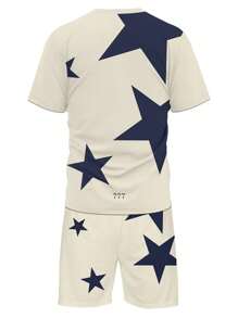 Men's Casual Star Print T-Shirt & Shorts Set - Polyester, Machine Washable, Round Neck, Regular Fit - Multicolor - View 2