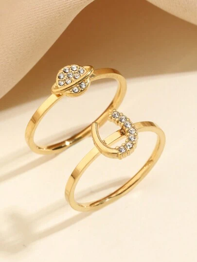 Set de 2 anillos de acero inoxidable con tono dorado minimalista, disponible en varias formas como asteroide, conejo, mariposa, con múltiples tamaños adecuados para uso diario o como regalo