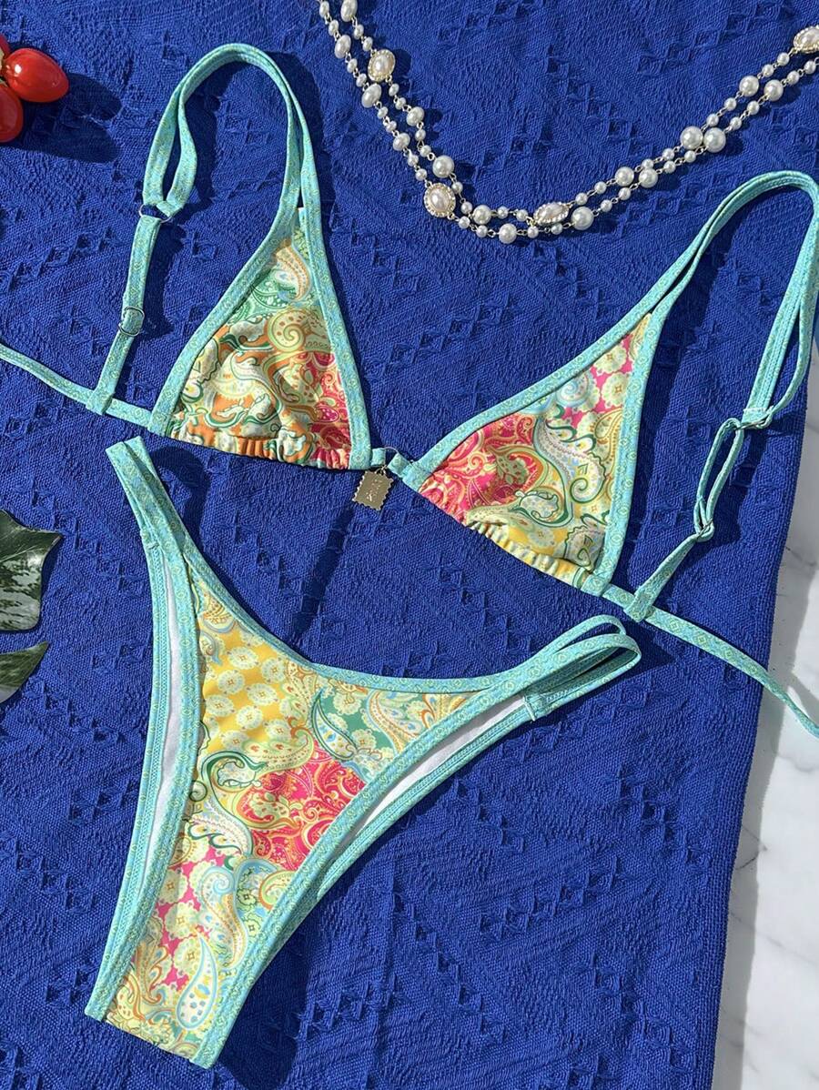 Summer Print Halter Neck Bikini Set For Women - Multicolor - View 1