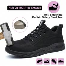 Unisex Stahlkappe Arbeitsschuhe, durchstichhemmende Sicherheitsschuhe, Wanderschuhe mit Stoßdämpfung, rutschfeste Schnürung, Niedrig-Top Design, einfarbiges Obermaterial und Futter aus Stoff, Gummisohle, runde Kappe, weiche komfortable Innensohle