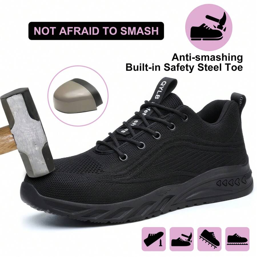 Unisex Stahlkappe Arbeitsschuhe, durchstichhemmende Sicherheitsschuhe, Wanderschuhe mit Stoßdämpfung, rutschfeste Schnürung, Niedrig-Top Design, einfarbiges Obermaterial und Futter aus Stoff, Gummisohle, runde Kappe, weiche komfortable Innensohle