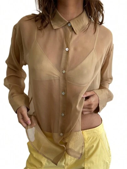 Women Blouse Lapel Collar Long Sleeve Button-Down See-Through Loose Shirt For Ladies