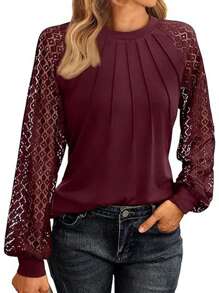 Women's Long-Sleeved Shirt Hollow Lace Round Neck Blouse Business Casual Tees - 酒紅色 - 查看 1