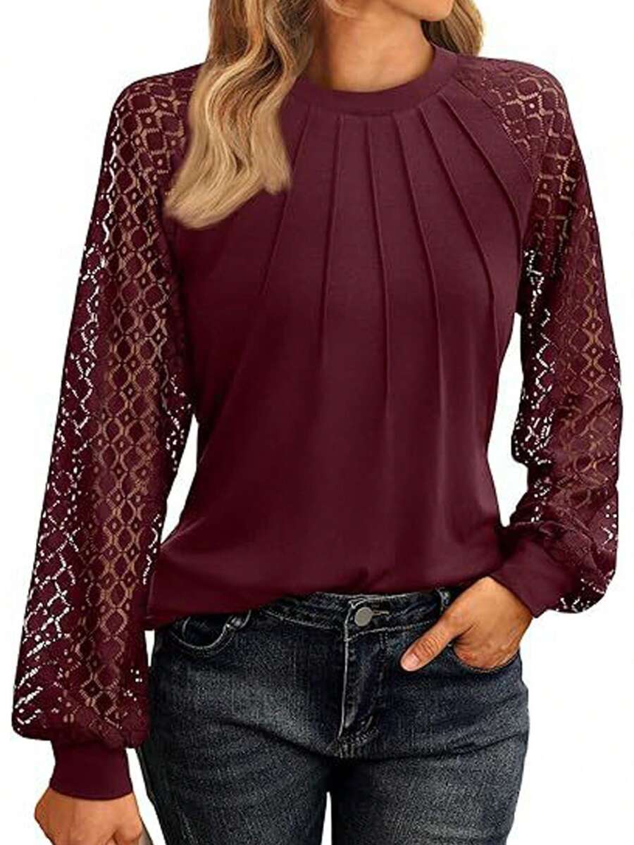 Women's Long-Sleeved Shirt Hollow Lace Round Neck Blouse Business Casual Tees - 酒紅色 - 查看 1